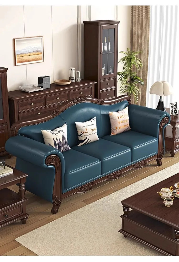 American vintage leather sofa living room solid wood country European style sofa inline furniture