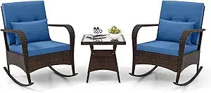 3 Pieces Patio Furniture Set, Outdoor Wicker Rocking Chairs with Cushions, Pillows, Glass Coffee Table, Rattan Bistro Rocker Se