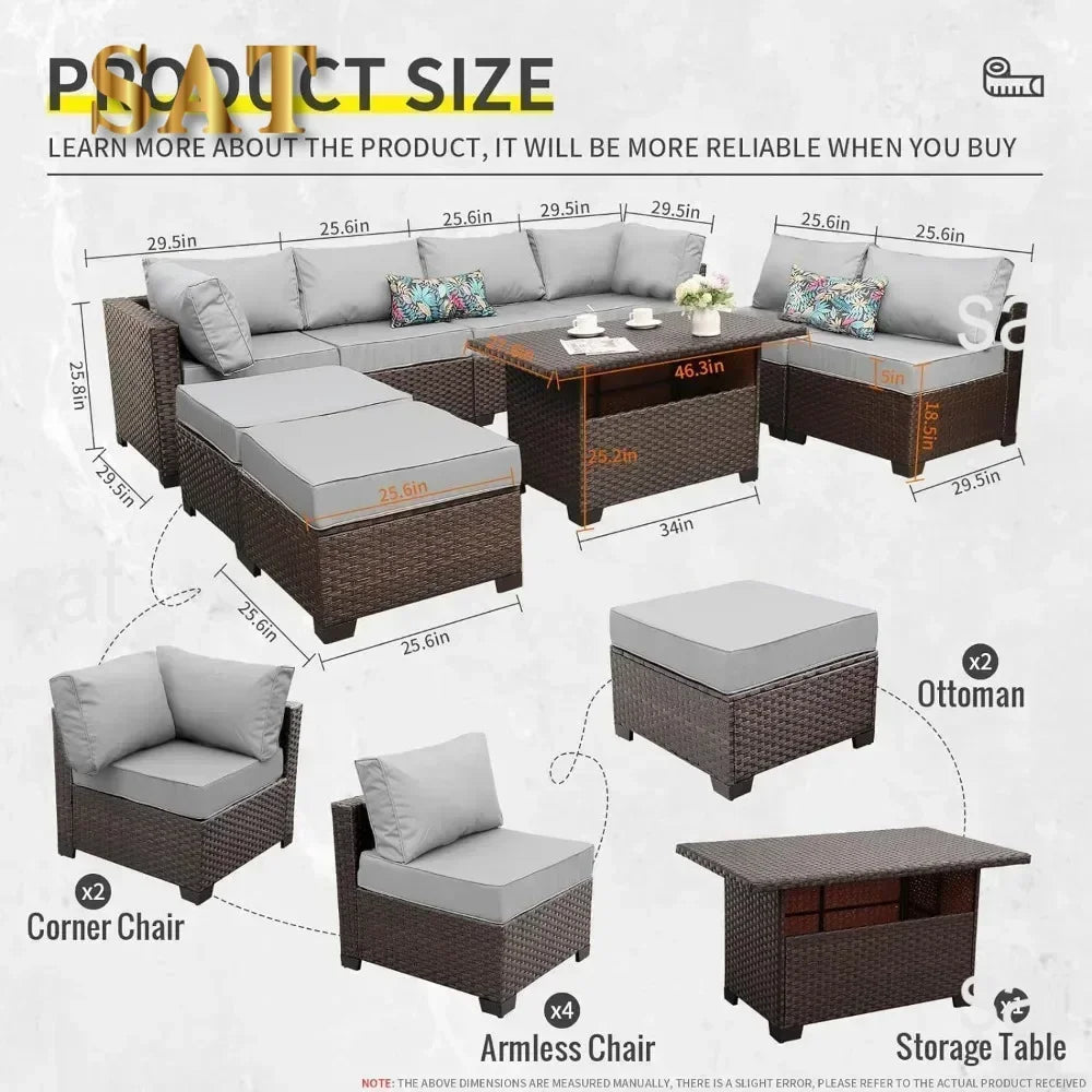 /-Patio Furniture 9 Piec Set with Cushions and 45” Gas fire Pit Table, Outdoor PE Rattan Sectional Conversation Sofa Set