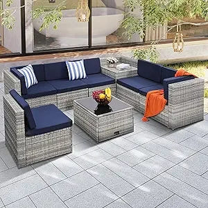 8 Pieces Outdoor Wicker Rattan Patio Furniture Sectional Set, Glass Top Table with Hidden Storage, 7 Sofa Sections, Oversized Cu