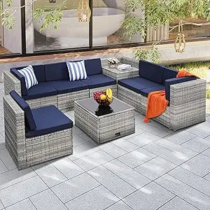 8 Pieces Outdoor Wicker Rattan Patio Furniture Sectional Set, Glass Top Table with Hidden Storage, 7 Sofa Sections, Oversized Cu