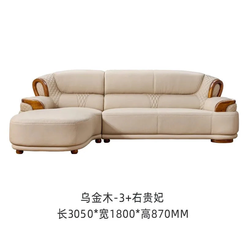 New Chinese leather sofa first layer cowhide ebony wood Italian light luxury sofa living room combination U solid wood furniture