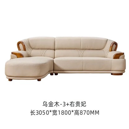 New Chinese leather sofa first layer cowhide ebony wood Italian light luxury sofa living room combination U solid wood furniture