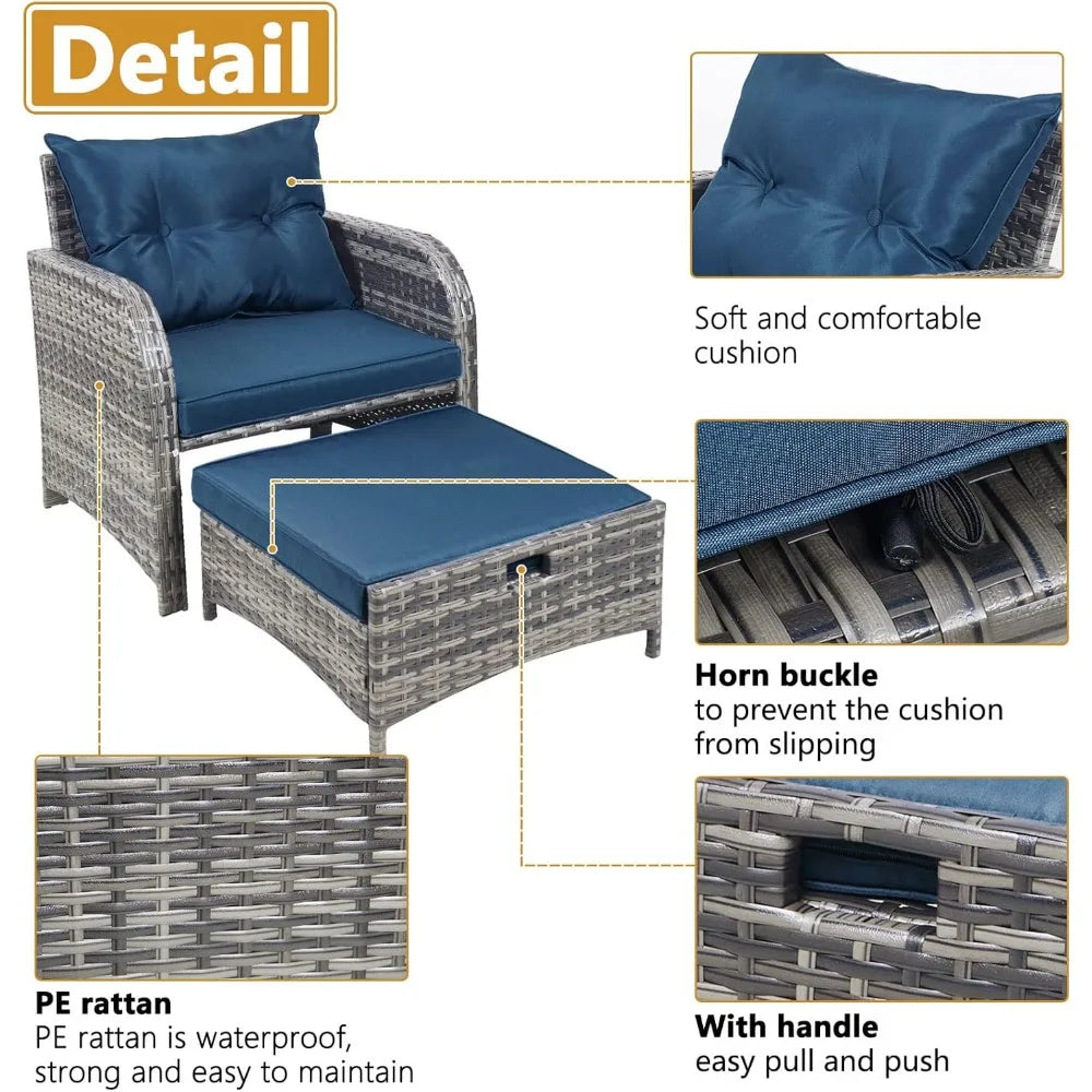 All-Weather PE Rattan Outdoor Patio Chairs Set with Ottoman, 5-Piece Conversation Furniture