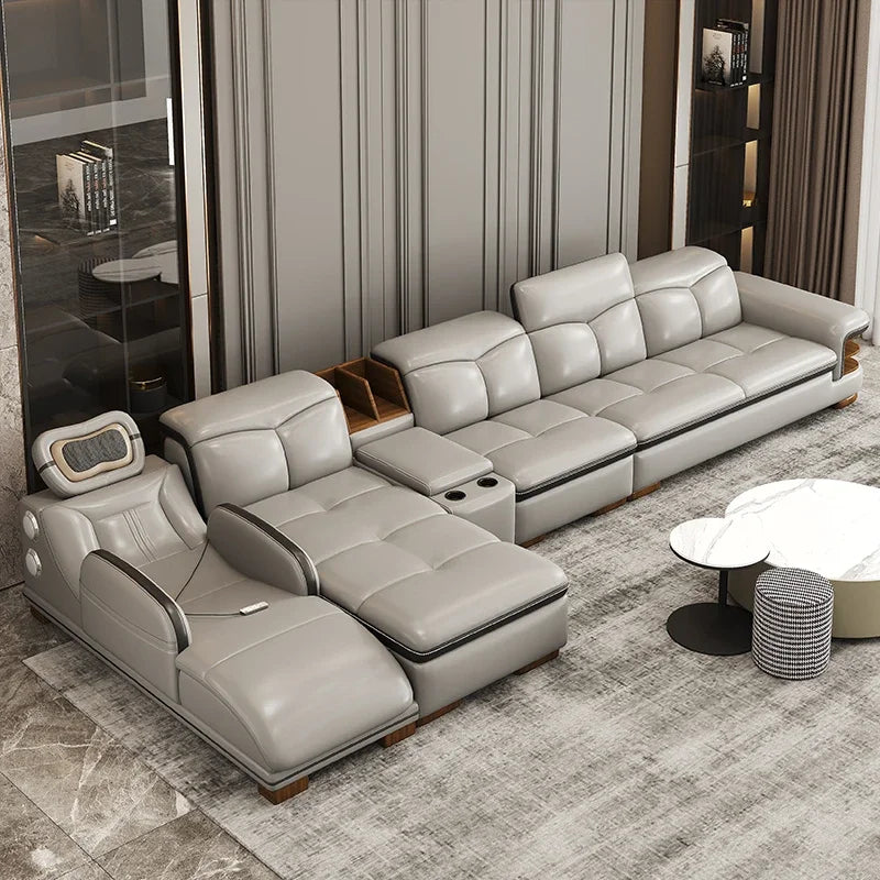Premium Smart leather sofa massage for left and right noblewomen, cowhide solid wood living room corner small unit