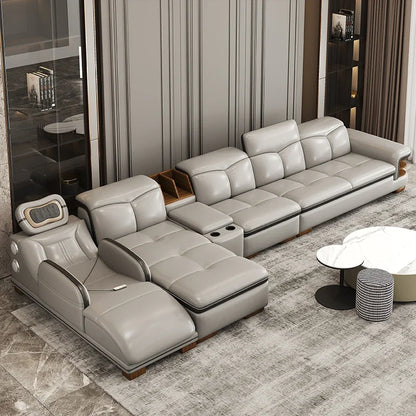 Premium Smart leather sofa massage for left and right noblewomen, cowhide solid wood living room corner small unit