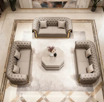 3-Seat Modern Chesterfield Sofa Set Curved Design Gold Decorated Napa Leather Sofa Apartment Living Room Furniture