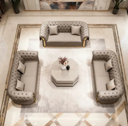 3-Seat Modern Chesterfield Sofa Set Curved Design Gold Decorated Napa Leather Sofa Apartment Living Room Furniture