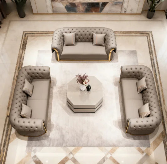 3-Seat Modern Chesterfield Sofa Set Curved Design Gold Decorated Napa Leather Sofa Apartment Living Room Furniture