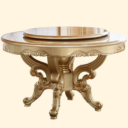 A55 European dining table andchairs American marble round table with turntable solid wood carving flower luxury champagne gold r