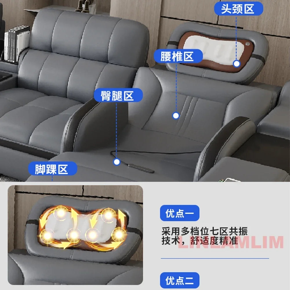 Modern Sectional Sofa Bed with LED Light, Electric Recliner and Massage | Living Room Genuine Leather Couch with Cup Holder, USB