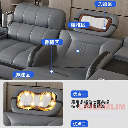 Modern Sectional Sofa Bed with LED Light, Electric Recliner and Massage | Living Room Genuine Leather Couch with Cup Holder, USB