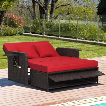 Tangkula Patio Rattan Daybed for Outdoor Relaxation with Multipurpose Ottoman and Retractable Side Tray 4Level Adjustable Backr