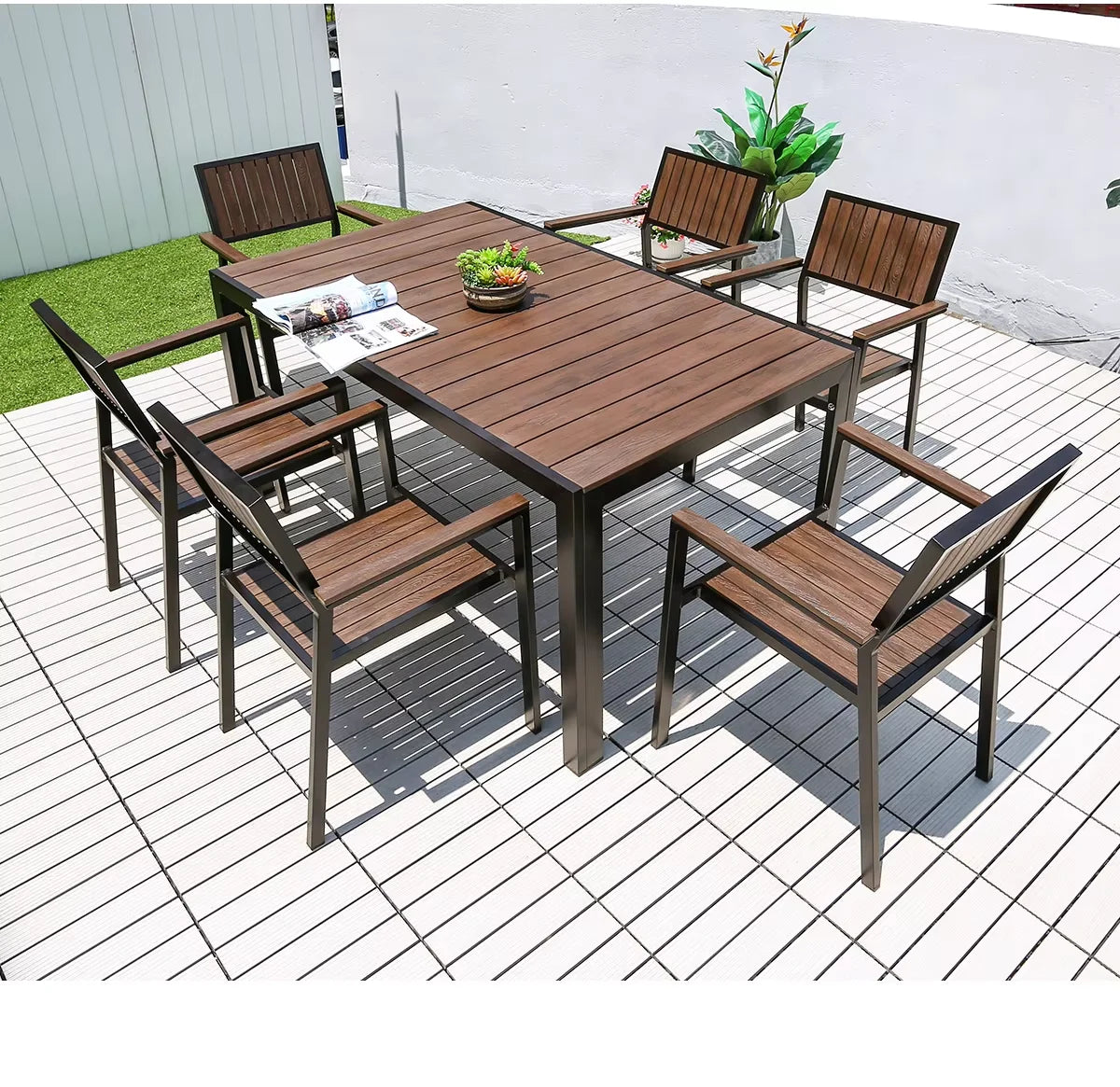 Metal Backyard Table Outdoor Table Garden Table Large 150cm Patio Table Wood-plastic Waterproof Table Room Kitchen Hotel Terrace