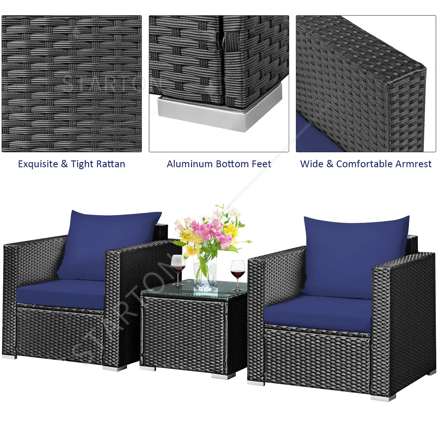 Latest Arrival 3PCS Patio Rattan Wicker Furniture Set Sofa Table W/Cushion Yard Navy