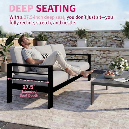 Outdoor Couch Aluminum Patio Furniture Sofa, 3 Seat All-Weather Metal Patio Couch With 5" Thick And Soft Cushion, Customized