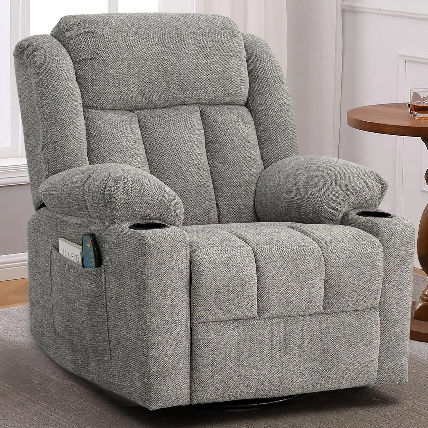 Ketaiyou Rocker Swivel Recliner Chair for Adults, Overstuffed Large Manual Recliner Glider with Massage and Heat, Comfy Soft
