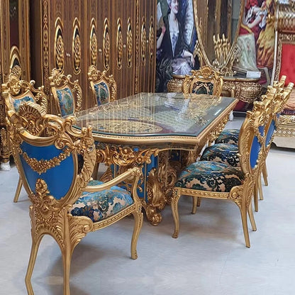 French Royal Baroque Dining Set — Hand-Carved Solid Wood Table with Upholstered Chairs, Luxury Gold for Villa/Hotel