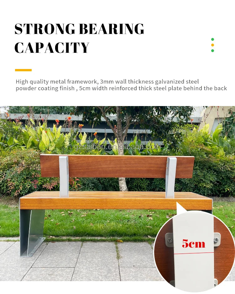 Banc urbain en métal au design moderne, mobilier de rue en bois pour parcs et lieux pour utilisation sur patio