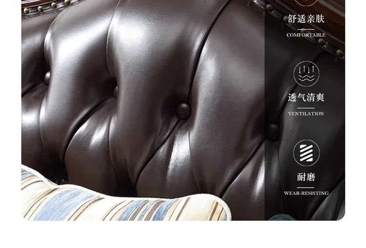 4*American all-solid wood leather sofa European double triple retro modern simple