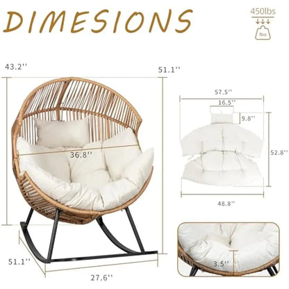 Wicker Egg Chair, Oversized Outdoor Indoor Rocking Chairs, Large PE Rattan Rocking Chair with Cushion for Patio, Balcony