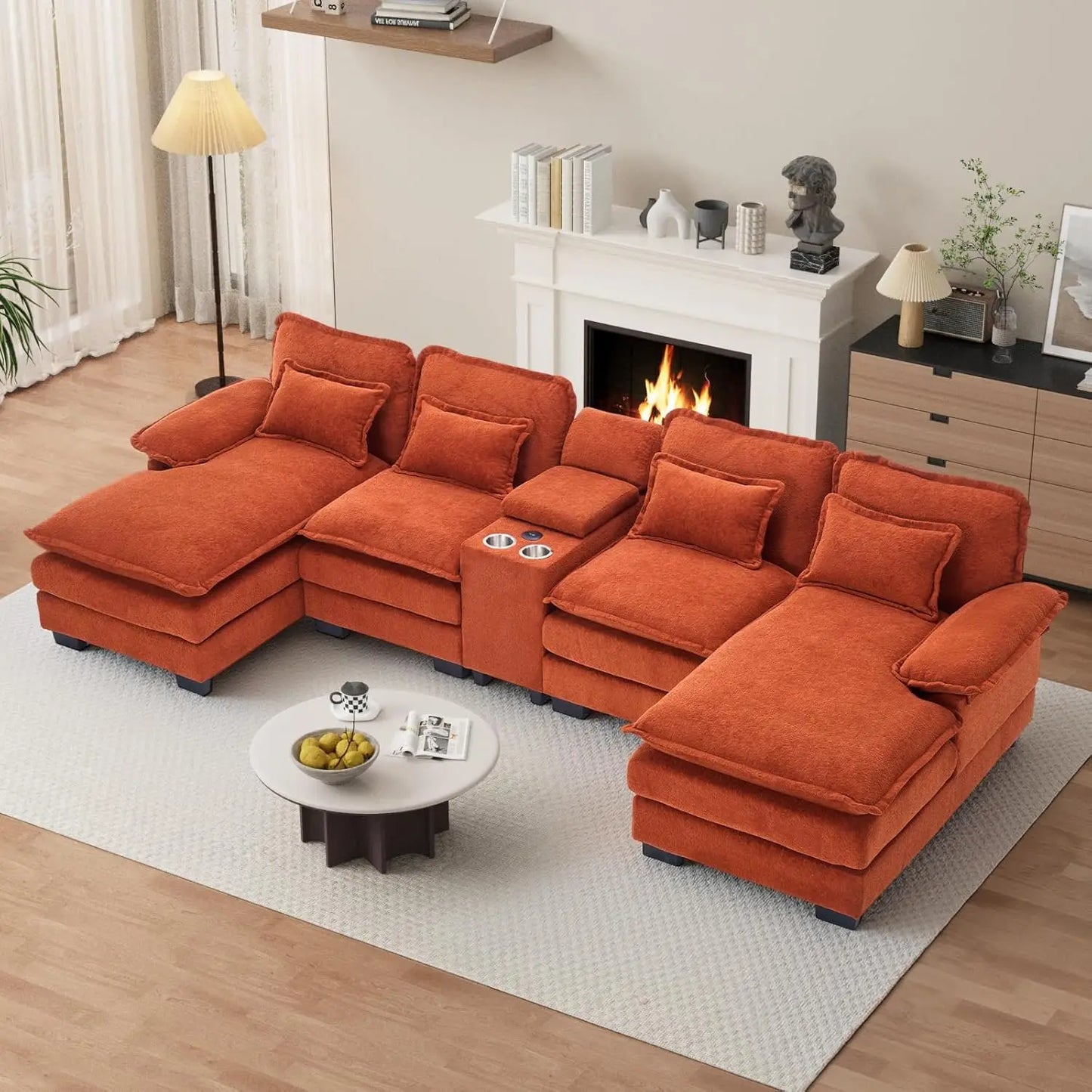 U Shaped Sectional Sofa 133" Modular Fluffy Chenille Double Chaise Lounge Central Console USB Port Living Room White Customized