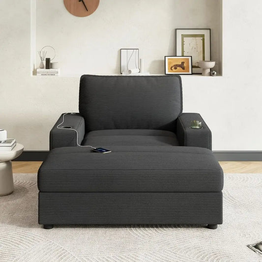 43 Large Plush Sleeper Chair with Storage Ottoman, Corduroy Lounger with USB & Type-C Ports, 2 Cup Holders, Cozy Deep Seating Re
