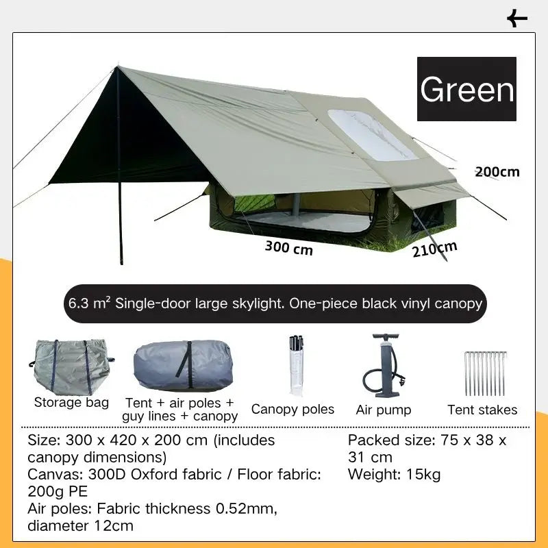 6.3+6 Square Meters Camping Tent with Canopy Electric Air Tent Camping Equipment Inflatable Tent Sun Protection Seaside Beach