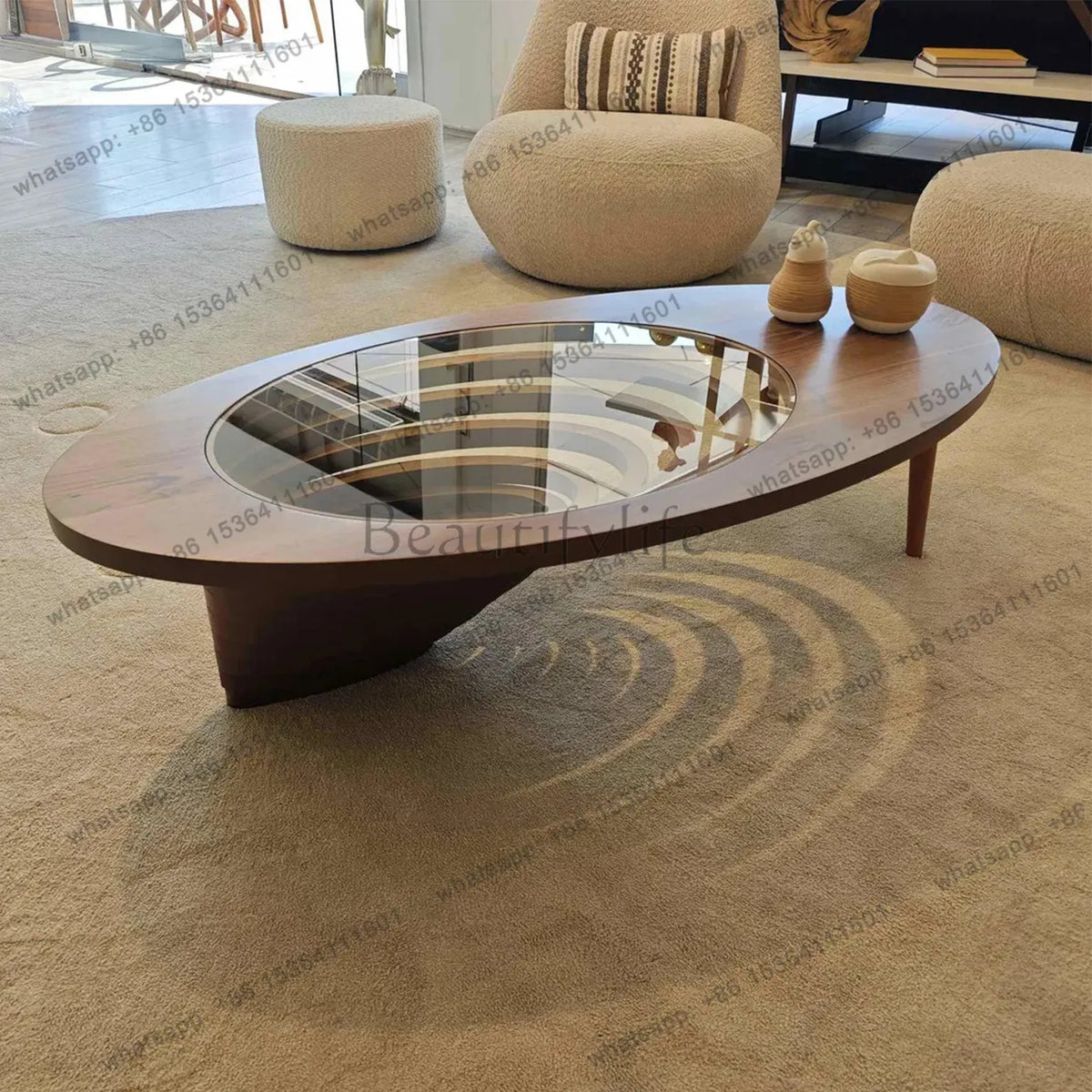 Table basse en bois massif, salon, maison, lumière, luxe, haut de gamme, table à thé créative, ovale, moderne