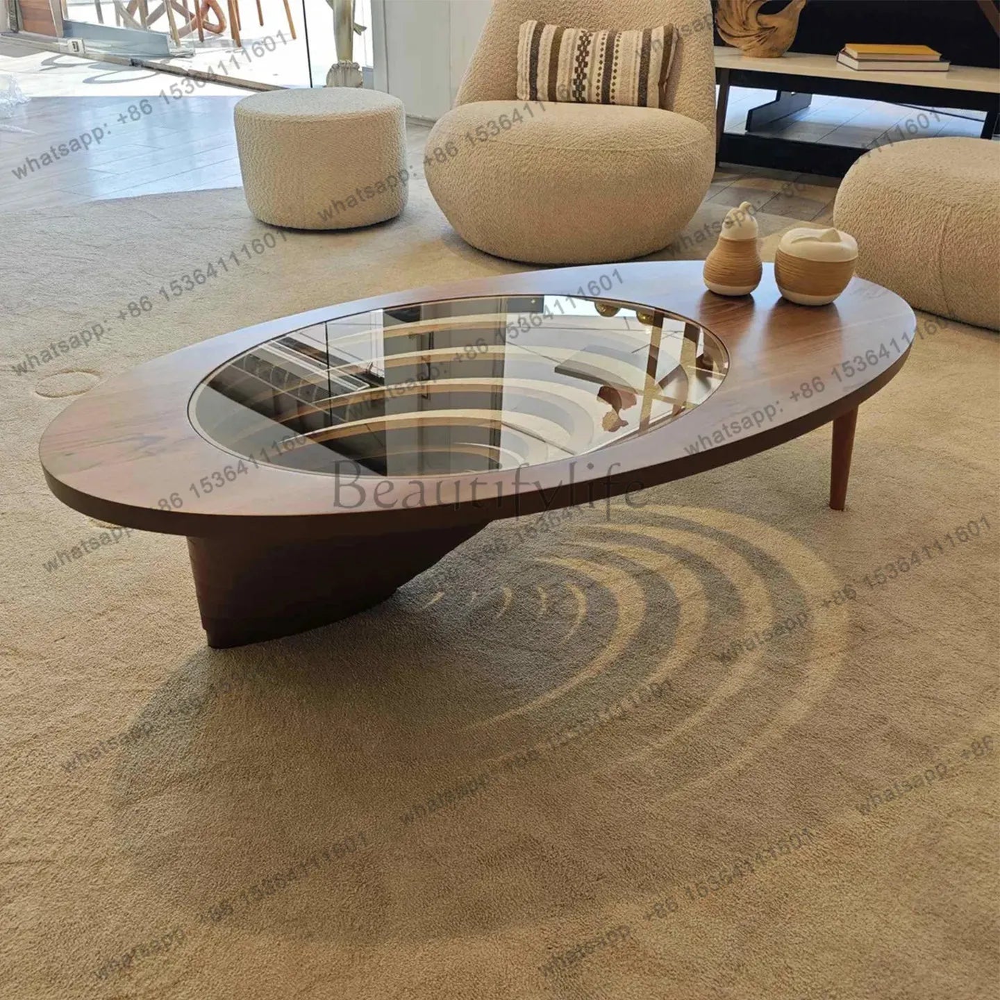 Table basse en bois massif, salon, maison, lumière, luxe, haut de gamme, table à thé créative, ovale, moderne