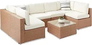 Seven Piece Modular Set, Outdoor Sectional Wicker Patio, Conversation With Two Pillows, Coffee Table Cover Included