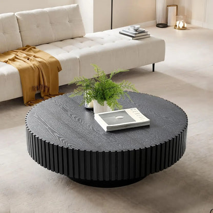 Round Coffee Table, Handcrafted Fluted Drum Coffee Tables Modern Wood Coffee Table Circle Drum Center Table For Living Room