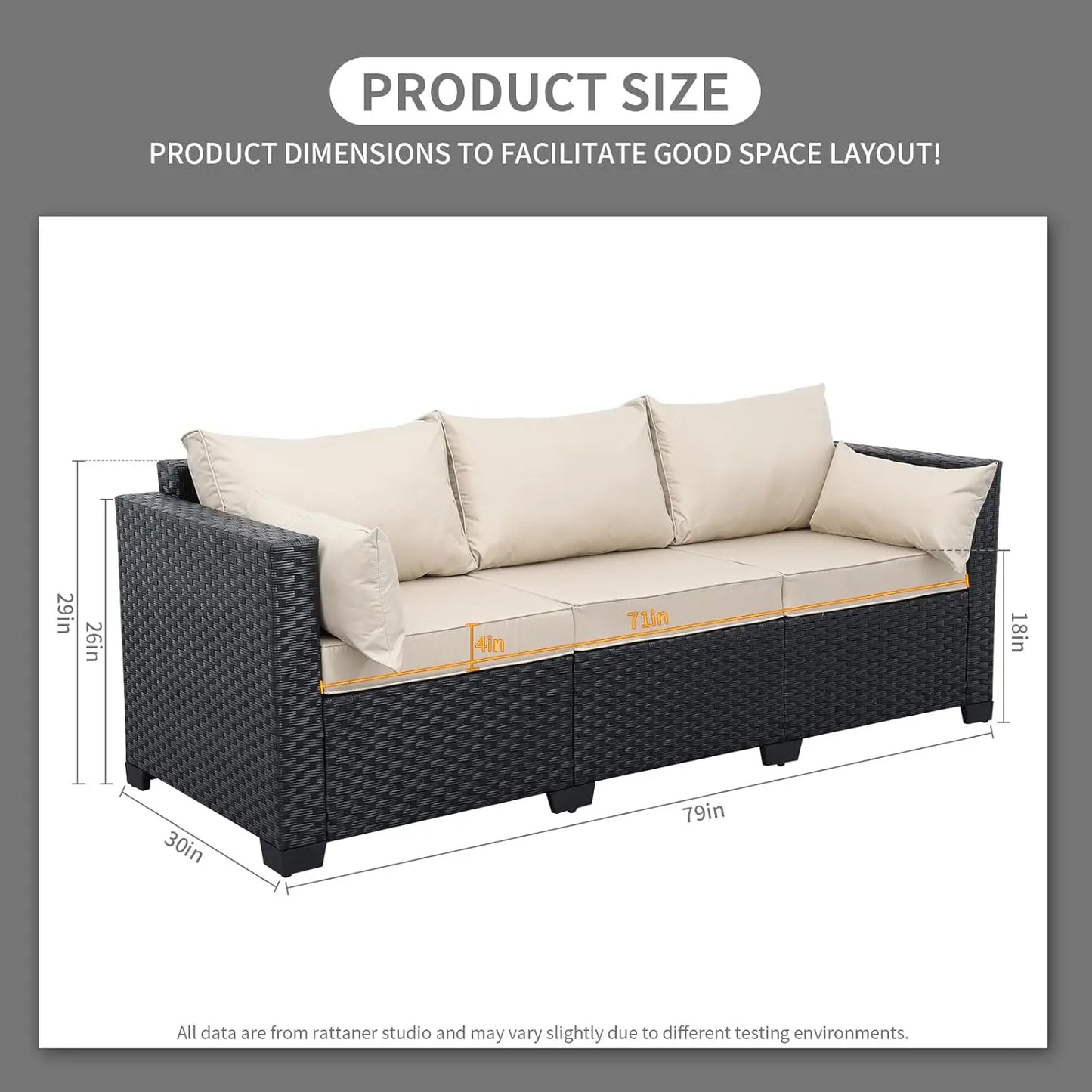 Patio Furniture 3-seat Sofa Wicker Outdoor Furniture Outdoor Couch Deep Seat Hight Backrest Waterproof Cover, Customized