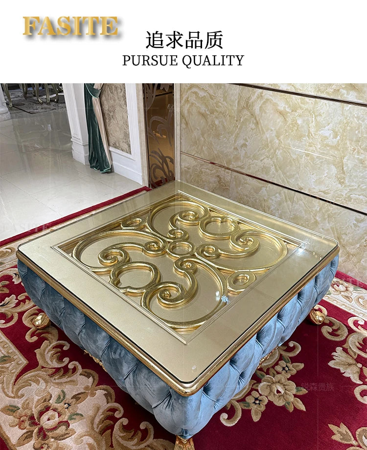 French solid wood square table European luxury square large coffee table tempered glass