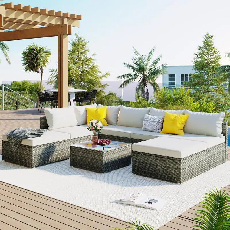 8-Piece Outdoor Patio Furniture Set, Garden Conversation Wicker Sofa, Combinable Single Sofas with Beige Cushions and Gray