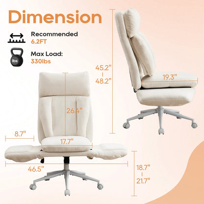 TCGBKAF Beige Big&Tall Office Chair with Flip Armrests Cross Legged Office Chair with Wheels Soft Chenille Executive Chair with Adjustable Lumbar Support Ergonomic Computer Desk Chair