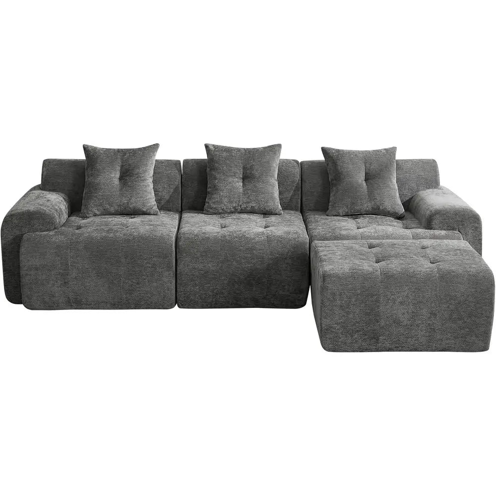 Modern Grey 3-Seater L-Shape Sectional Sofa with Movable Ottoman and Woven Texture Upholstery