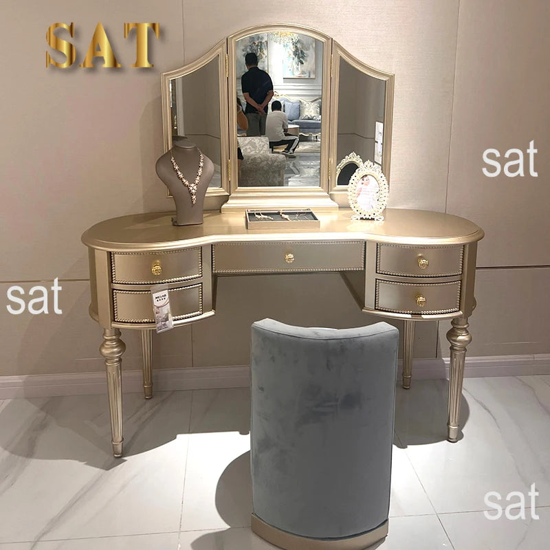 Luxury Custom Solid Wood Dressing Table With Extendable Vanity Desk & Mirror European & American Style