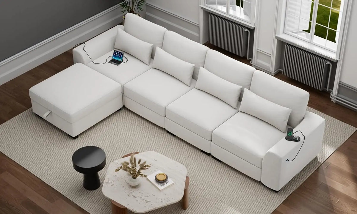 Modular Sectional Couches for Living Room - Convertible L Shaped Couch Beige 4 Seater Living Room Furniture Set - Sofa