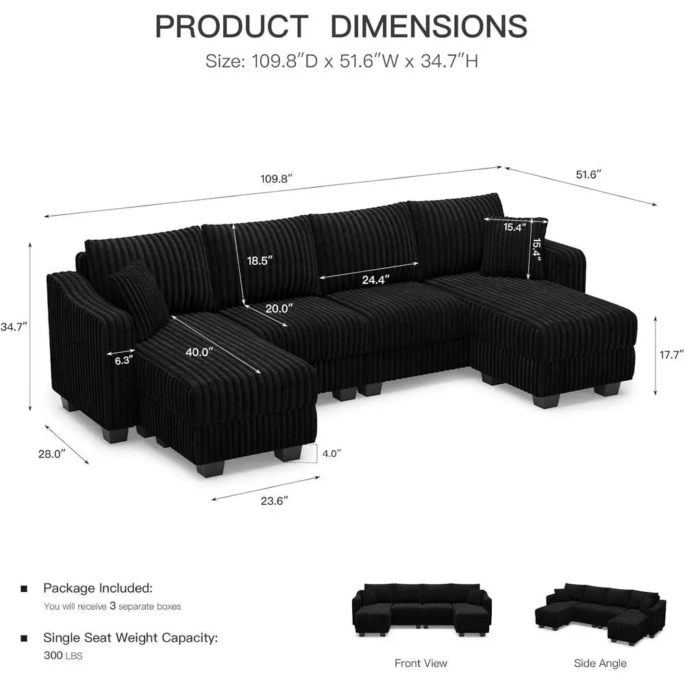 U-Shaped Sectional Sofa,130-inch 4-Seater Chaise Lounge with Striped Corduroy Fabric  Customizable Living Room or Bedroom Couch