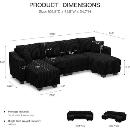U-Shaped Sectional Sofa,130-inch 4-Seater Chaise Lounge with Striped Corduroy Fabric  Customizable Living Room or Bedroom Couch