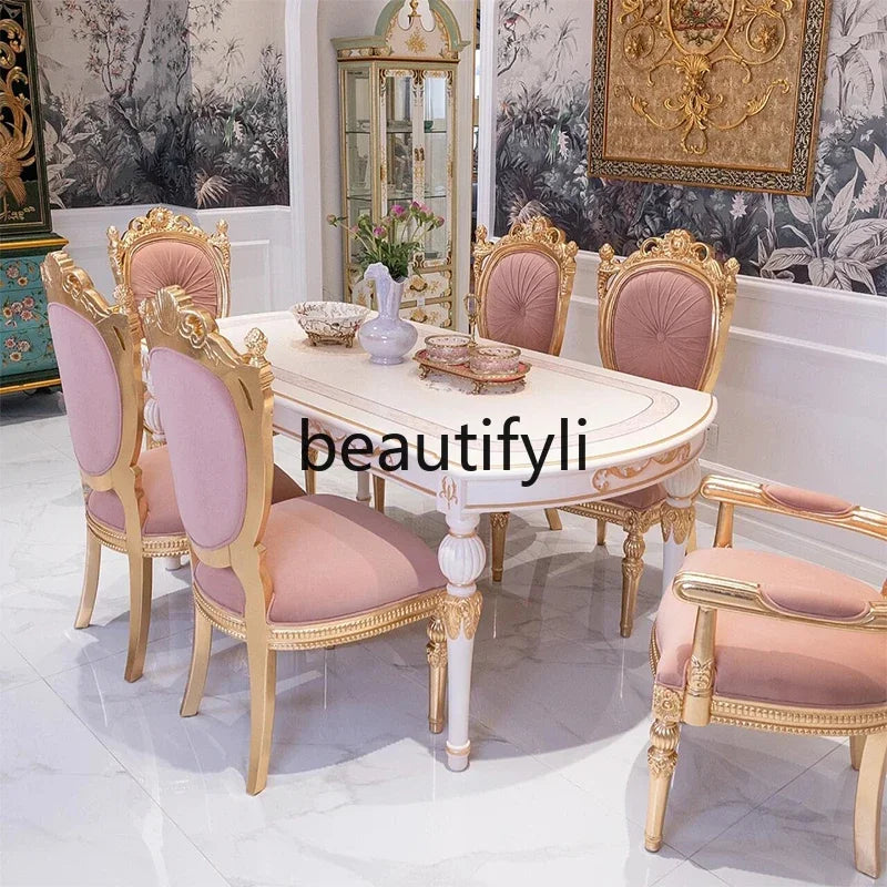 A55 French court style solid wood dining table and chair combination light luxury oval table six chairs dining table