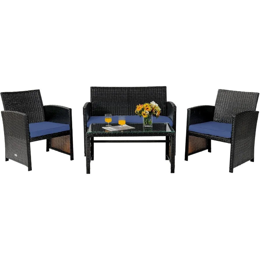 4 Piece Patio Furniture Set Outdoor PE Rattan Wicker Sectional Sofa with Cushion and Coffee Table Patio Conversation Se