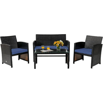 4 Piece Patio Furniture Set Outdoor PE Rattan Wicker Sectional Sofa with Cushion and Coffee Table Patio Conversation Se