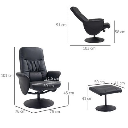 Reclining armchair with footstool, TV armchair, swivel upholstered armchair for living room, bedroom, faux leather, black