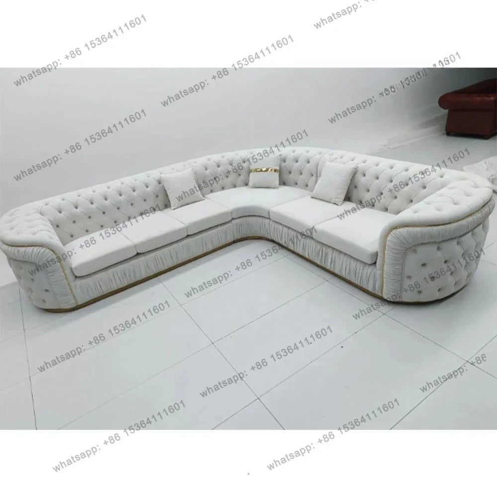Luxury Chesterfield Sectional Sofa Set With Cloth Buttons And Fabric Modular Couch With Gold Stainless Steel Base, 3-seater