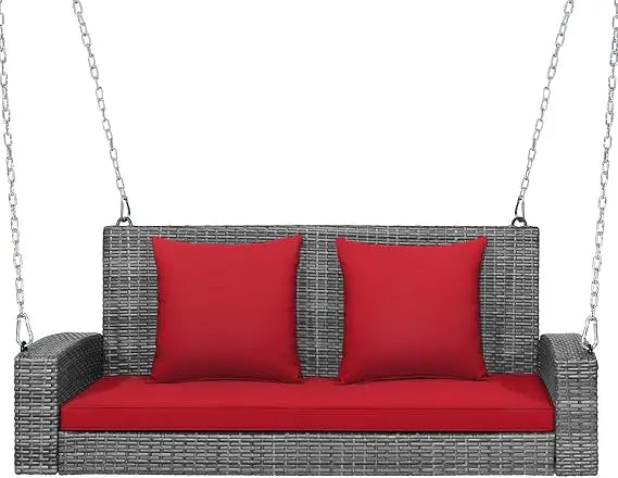 2-Person Porch Swing Bench - PE Rattan Outdoor Swing Chair with Comfortable Seat & Back Cushions, Rustproof Metal Cha