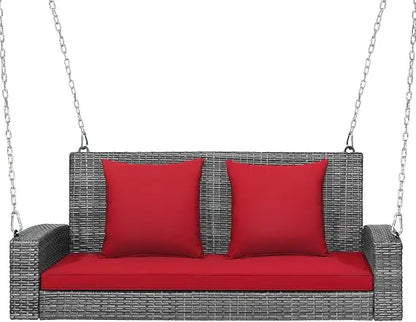 2-Person Porch Swing Bench - PE Rattan Outdoor Swing Chair with Comfortable Seat & Back Cushions, Rustproof Metal Cha