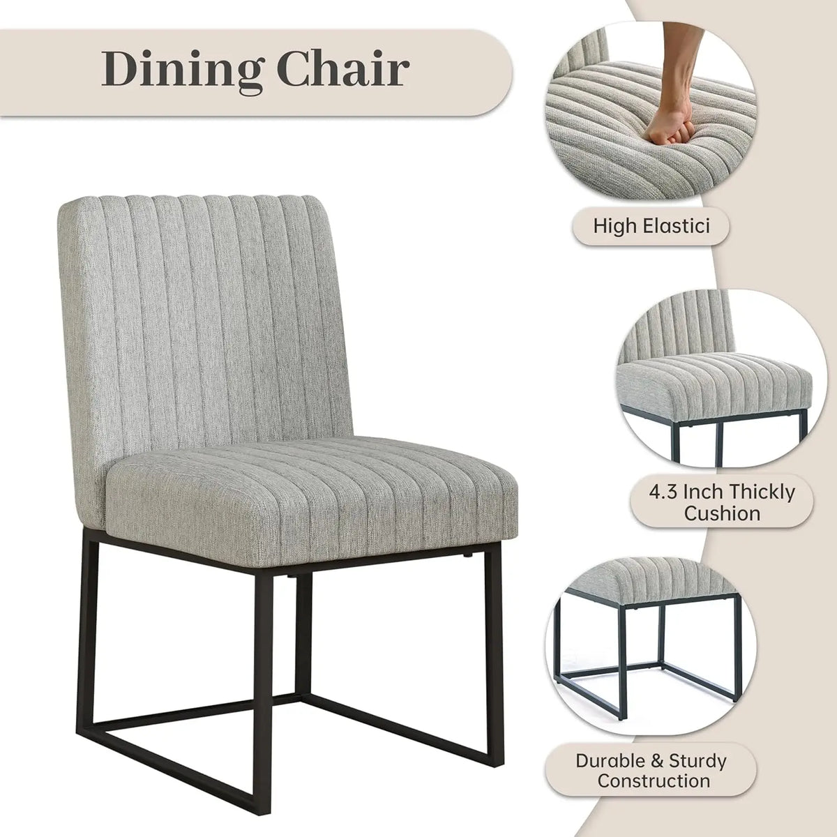 Upholstered Dining Chairs Set of 4, Modern Dining Room Chairs with Stripe, Linen Kitchen Chair Dinner Chair with Black Met