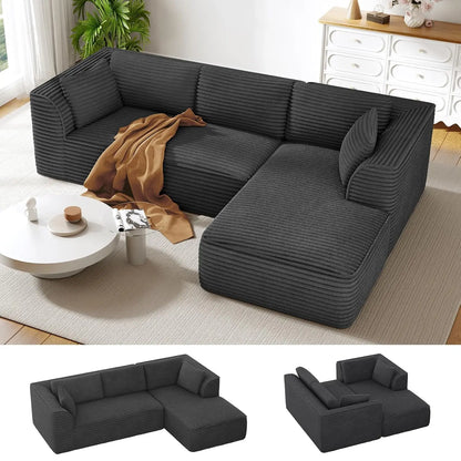 106" Cloud Couch with Chaise, Deep Seat Fluffy Modular Sectional Sofa Corduroy Memory Foam Boneless Couches for Living Room
